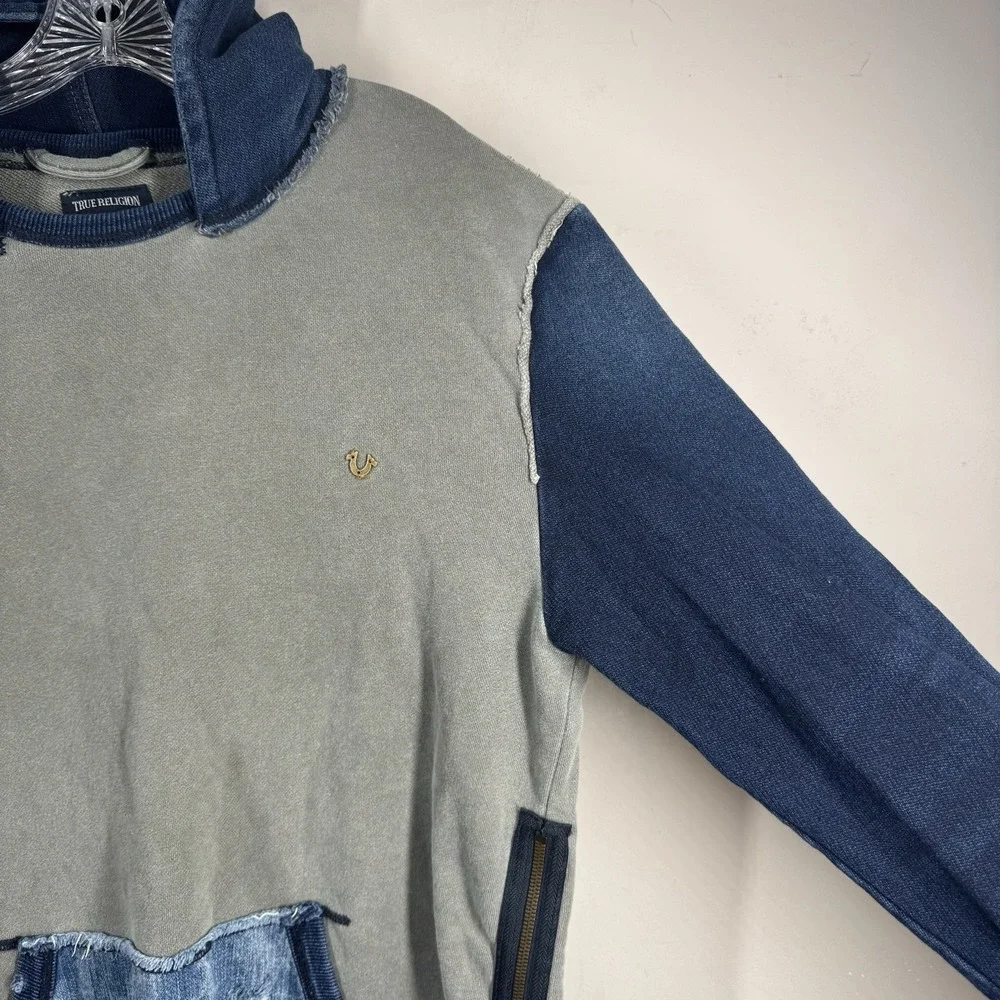 True Religion Mens Denim & Gray Pullover Kangaroo Pocket Hoodie Sz M Sweatshirt